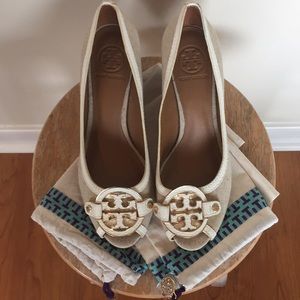 Tory Burch Canvas Wedge Peeptoes